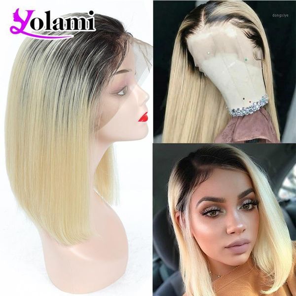 

yolami ombre 2 tone dark roots 1b 613 blonde bob full lace wigs human hair for women pre plucked natural hairline with baby hair1, Black;brown