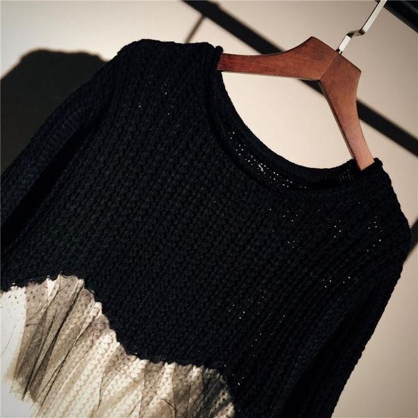 

women spring autumn fashion loose solid color o-neck pullovers female splice lace korea long sleeve knitted ql202 women's sweaters, White;black