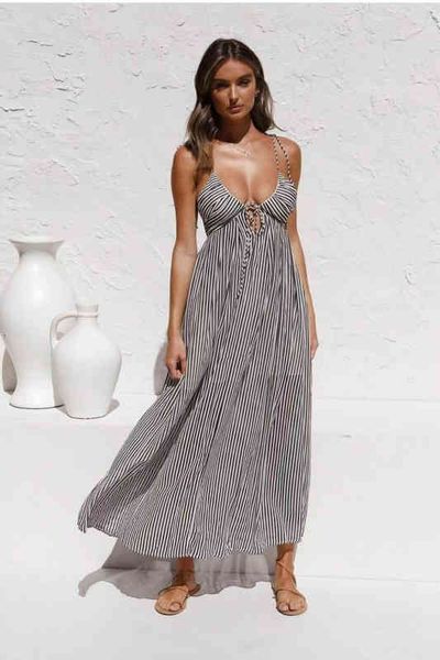 

backless striped summer women dress spaghetti strap v neck party maxi long dresses slim elegant beach evening vestidos, Black;gray