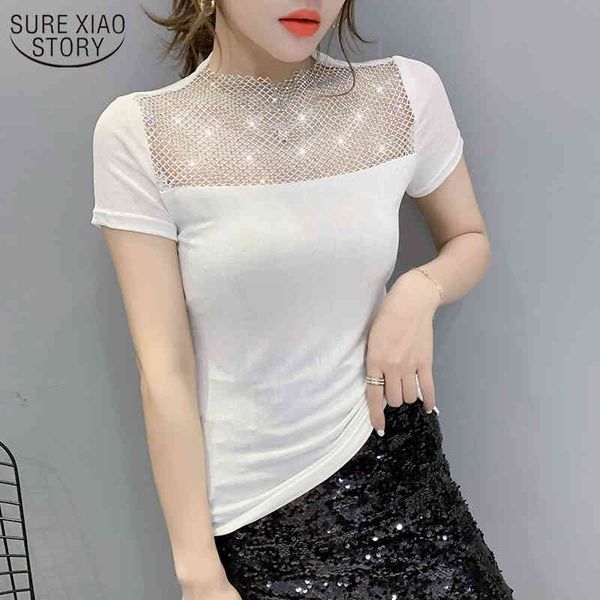 

women's mesh stitching shirts short sleeve fashion diamonds solid hollow slim shirt blusas mujer 10062 210508, White