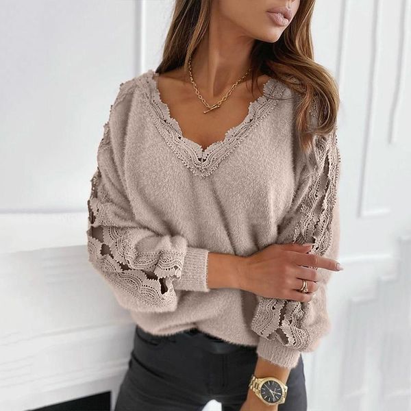 

women's sweaters oversized v-neck lace women sweater autumn winter patchwork hollow out casual loose long sleeve pullover knit sj7, White;black