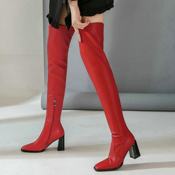 

boots black red yellow women over the knee pu leather square toe ladies stretch thick high heel autumn winter shoes