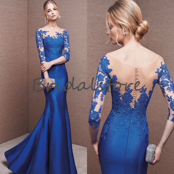 Bellissimo abito da ballo a sirena blu royal con mezza manica scoop in raso lunghezza del pavimento abiti da sera in pizzo elegante abito lungo formale robe de soir￩e celebrità femme