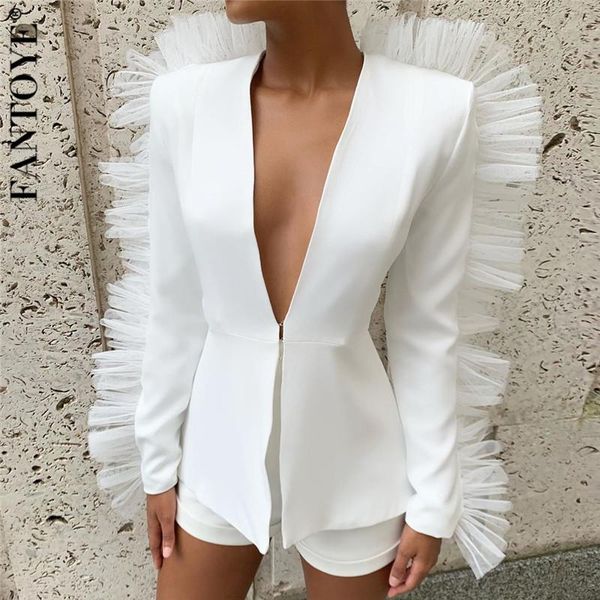 

two piece dress fantoye fashion lace ruffle set women v neck jacket suits 2 women's 2021 autumn elegant celebrity suit, White