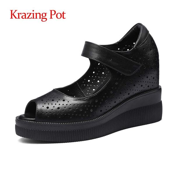 

krazing pot genuine leather round toe super high heels wedges hollow out shallow fashion hook loop peep women sandals l57 dress shoes, Black