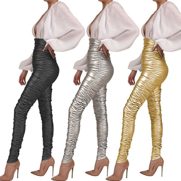 

estenala women bodycon pants clubwear high waist black gold silver elastic pleated female pencil legging trousers plus size women's & c, Black;white