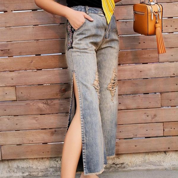 

high street jeans woman ankle length wide leg slim waist ripped hole side split denim pants s-2xl tassel baggy women's, Blue