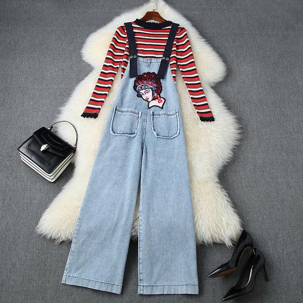

women's two piece pants fall autumn long sleeve round neck striped knitted + embroidery overalls suspender trousers 2 s set lag1711172, White