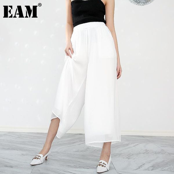 

[eam] high elastic waist white leisure long wide leg trousers loose fit pants women fashion tide spring summer 2021 1x8240 women's & ca, Black;white