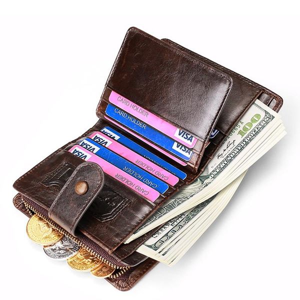 

100% leather crazy horse multifunctional 12 card men's wallet rfid buckle leisure retro wallets, Red;black
