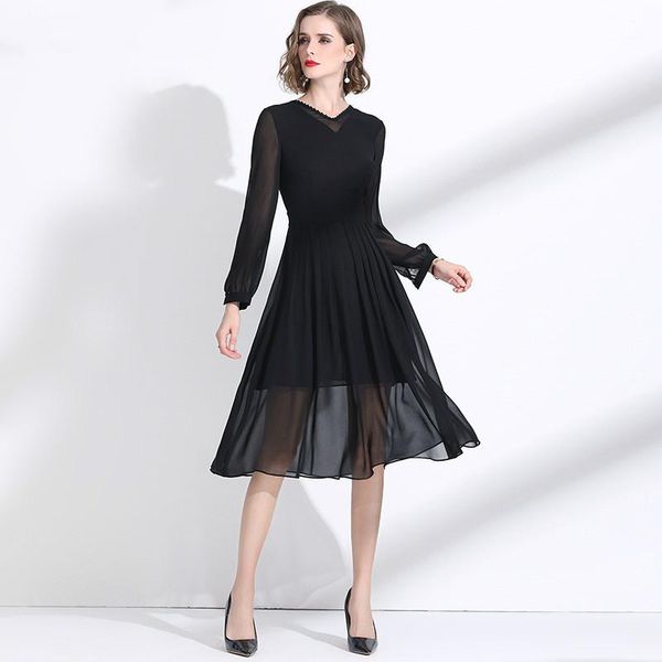 

casual dresses black dress chiffon 2021 women's spring v-neck long sleeves slim solid color elegant classy pleated mid-calf length -xx, Black;gray