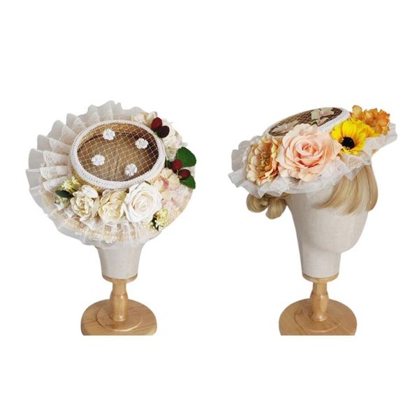 

wide brim hats k3nf lolita hollow flat hat sweet flowers straw ruffle lace headwear, Blue;gray