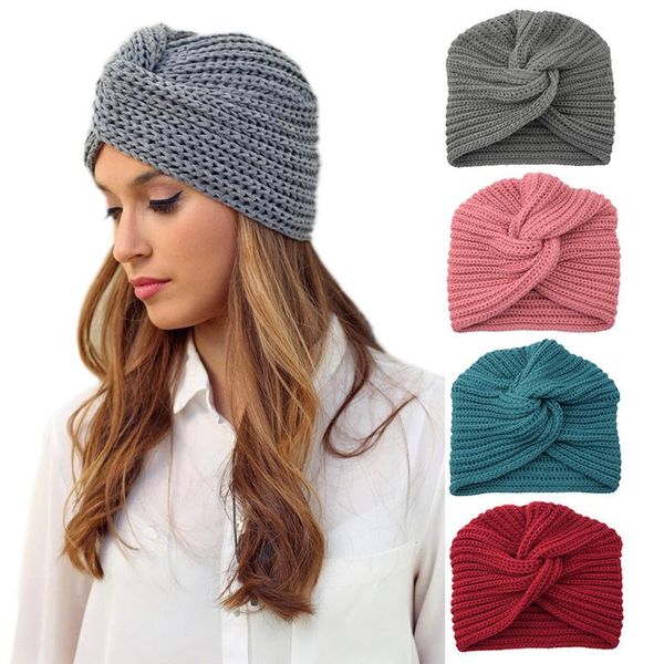 

beanie/skull caps bohemia turban beanie muslim knitted turbante hat pullover toe cap headwrap bandana crossover hair band for woman 1pc, Blue;gray