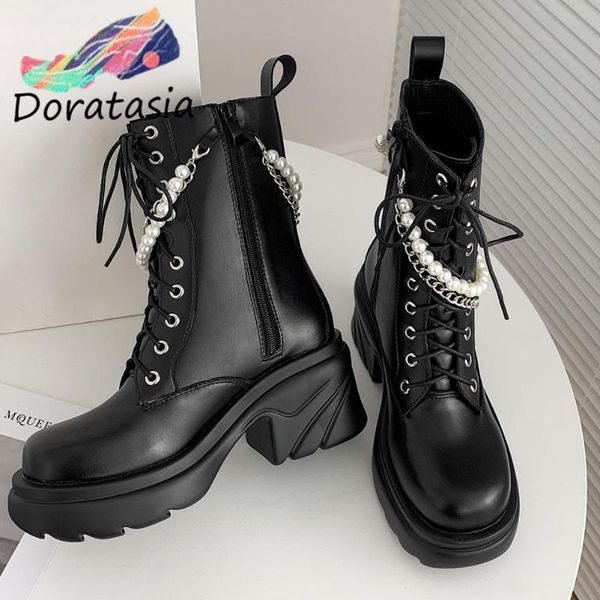

boots doratasia brand arrivals black zipper lace up pearl chain chunky heel platform women's designer winter comfy shoes