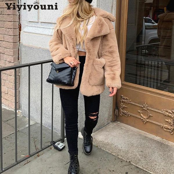 

women's wool & blends yiyiyouni oversized winter warm faux fur coat women long sleeve soft plush jacket female casual solid pocket oute, Black