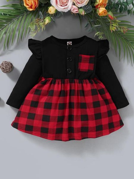 

baby girl buffalo plaid panel ruffle trim smock dress she, Red;yellow