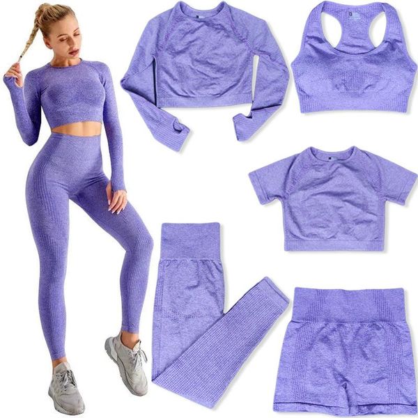 

yoga outfit fitness big buttocks 5 piece suits women breathable slim waist seamless leggings stretch sportswear gym set