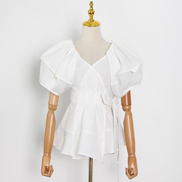 

women's polos solid pleated blouses for women v neck short sleeve white bowknot casual shirt females summer clothing fashion