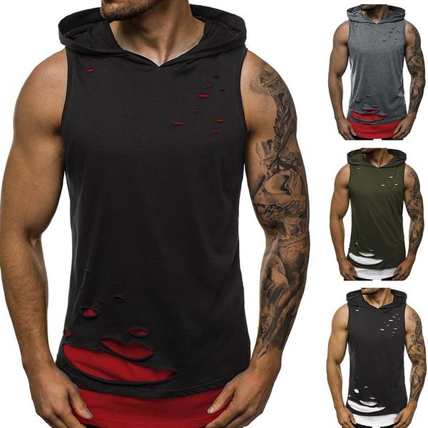 

breathable tank men summer stylish double layer ripped sleeveless vest sports hoodie blouse sweatshirt with hood, White;black