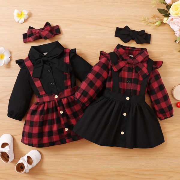 

clothing sets 3pcs infant plaid outfits kids girls long sleeve lapel shirt with bow+suspender skirt+headband sweet casual for 1-5t, White