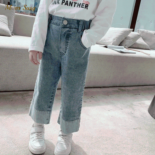 

jeans baby boy girl pant soft infant toddler child denim high waist bell bottom pants casual loose wide leg trousers 1-10y, Blue