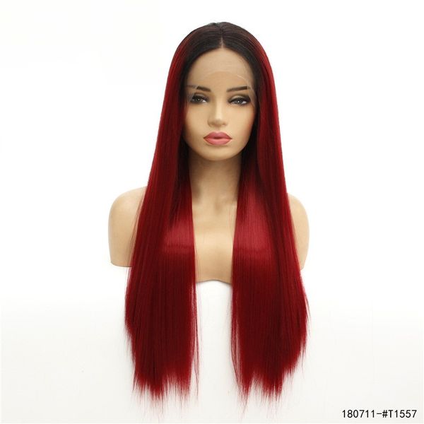 

12~26 inches long synthetic lace front wigs silky straight burgundy color simulation human hair wig 180711-#t1557, Black;brown
