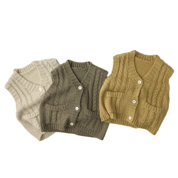 

kids knitted sleeveless v-neck sweater cardigan pockets baby boys girls knit vest solid color children waistcoat 210413, Blue