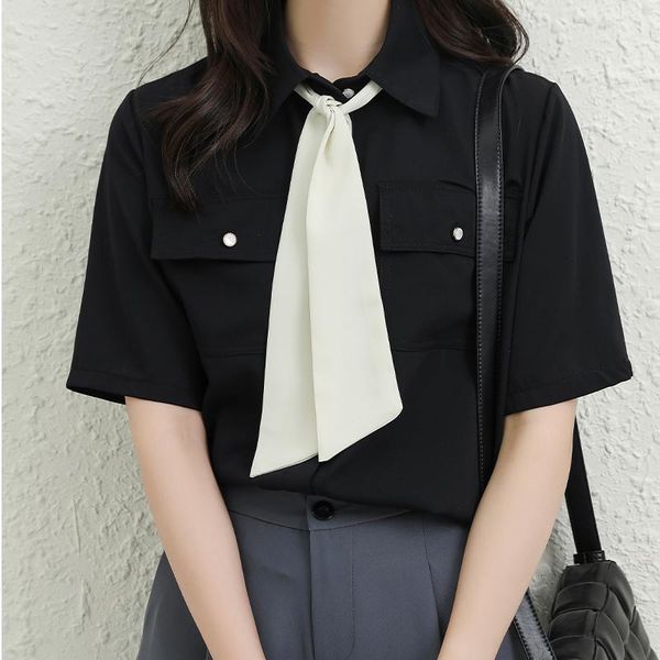 

women's blouses & shirts short sleeve professional blouse 2021 fashion lapel tie summer chiffon tooling shirt work clothes korean top, White
