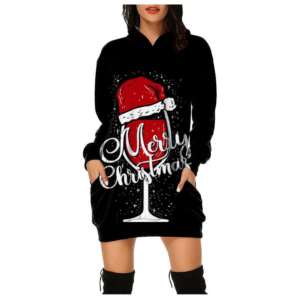 

fall/winter women's christmas printed round neck hooded pullover sweatshirt, Black