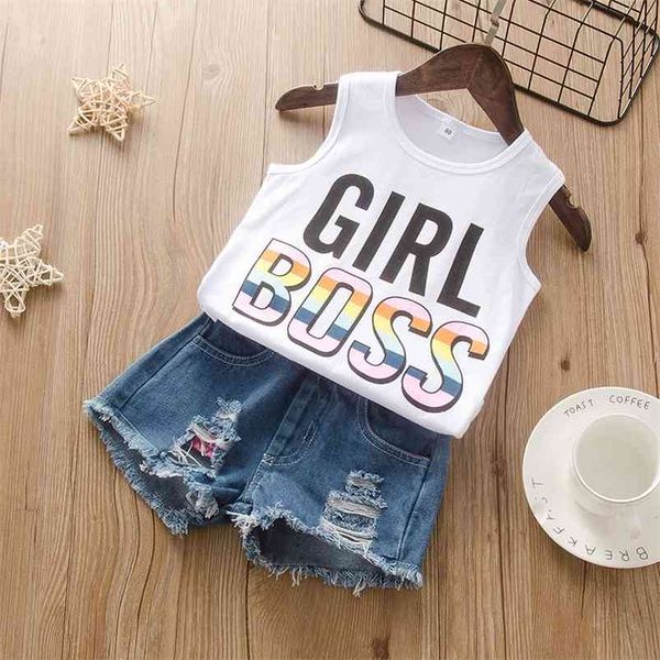 

summer children sets casual sleeveless fashion letters loophole jeans 2pcs girls clothes 1-7t 210629, White