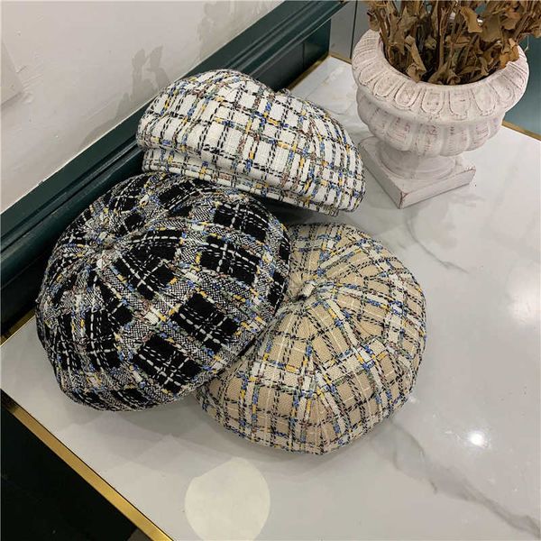 

designer little fragrant tweed plaid beret children british painter hat autumn winter versatile fashion bud, Blue;gray