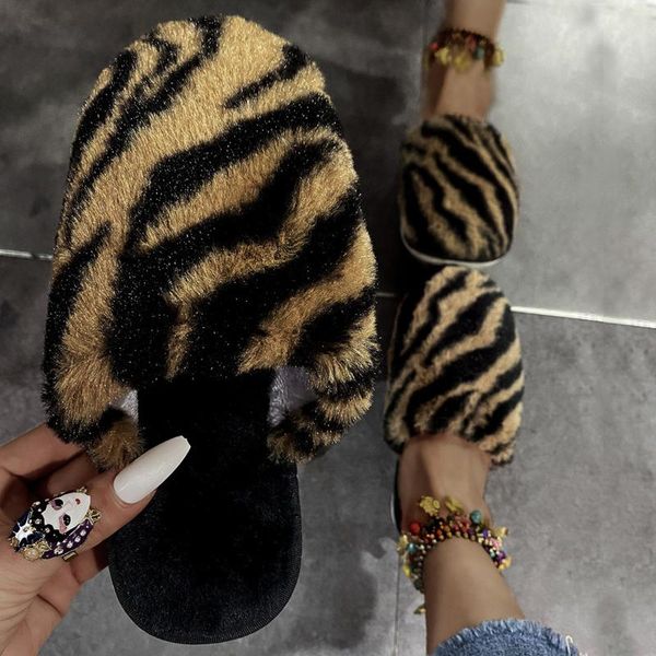 

slippers winter women house faux fur fashion warm shoes woman slip on flats female slides cozy home furry 2022, Black