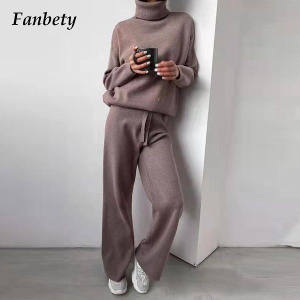 

women's two piece pants 2021 autumn winter turtleneck solid knitted set women elegant warm pullover and lace-up long suits outfits, White