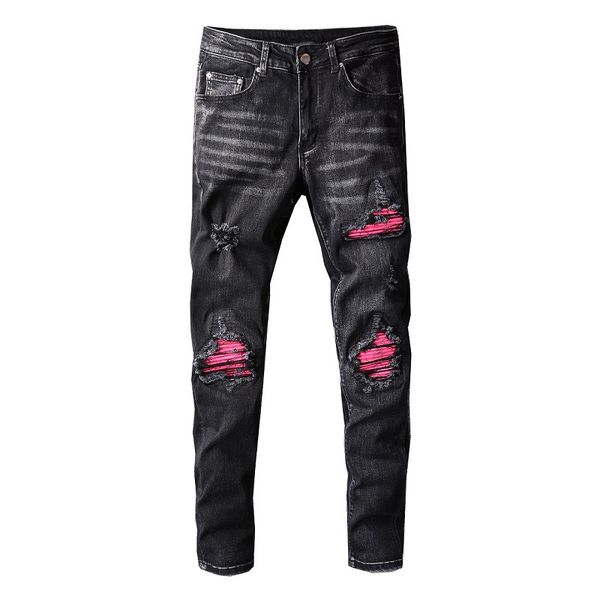 

men patckwork slim fit jeans skinny black motorcycle biker denim pants cotton jean destroyed men's hole clothing pant hip hop casual tr, Blue