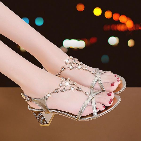 

women summer sandals high square heels shoes woman rhinestone crystal fashion pu ladies buckle thick female 2021, Black