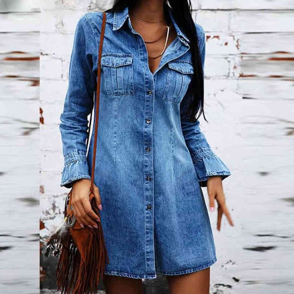 Abito da donna in denim a maniche lunghe con colletto rovesciato solido Inverno Tasca con bottoni allentati vintage Abito casual a trapezio Streetwear Robe Femme 210416