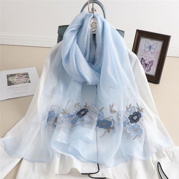 

scarves summer korean floral embroidery silk scarf wool stitching solid color embroidered women, Blue;gray