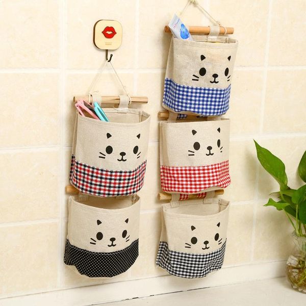 

storage bags cartoon cloth wardrobe hanging bag cotton linen door rear front sundries