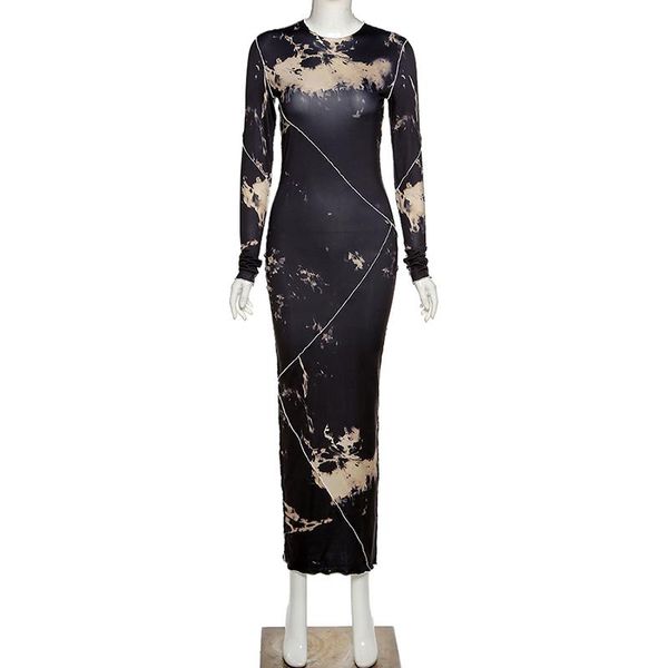 

women's dresses 2021 fall/winter long sleeve round neck fashion slim printed temperament dress clothing 1pcs casual, Black;gray