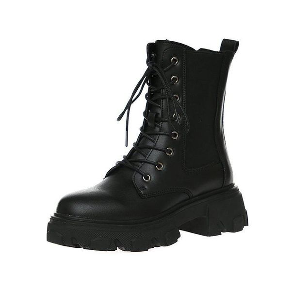 

boots 2021 women round toe autumn winter fashion british style warm shoes lace-up square heel stretch fabric botas, Black