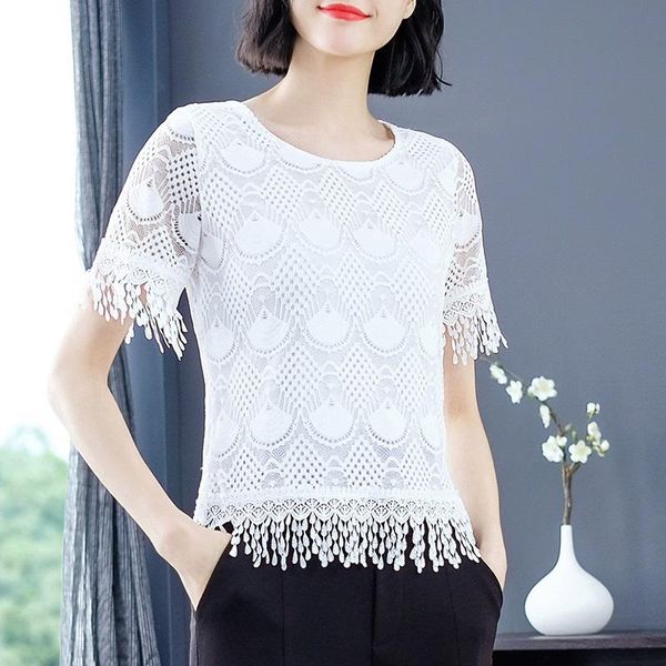 

women's blouses & shirts 2021 summer white women short sleeve korean hollow out sheer plus size tassel baggy o neck chiffon elegante