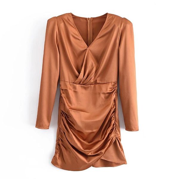 

casual dresses women fashion v neck solid pleated design slim mini dress female chic back zipper satin vestidos, Black;gray