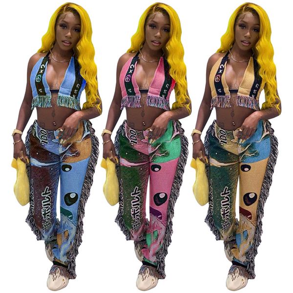 

wholesale tassels tracksuits for women bars loose pants bandage backless 2 piece sets sweatsuits clothes bulk 7138, Gray