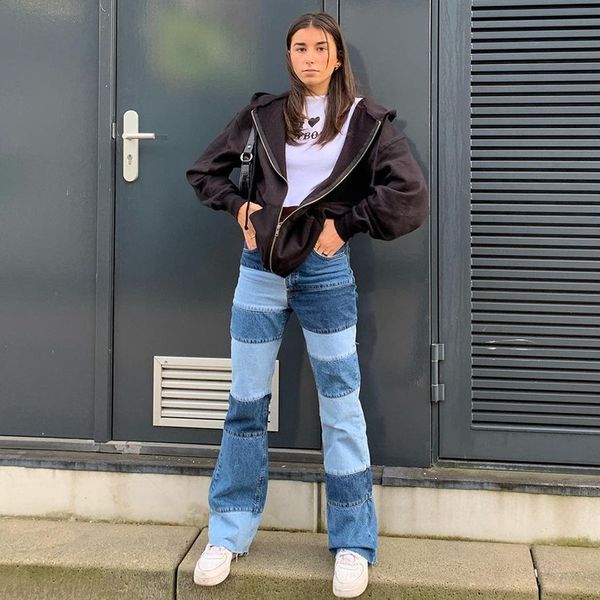

patchwork straight jeans women baggy trousers vintage high waist jeans y2k streetwear low rise jeans cargo pants 210419, Black;white