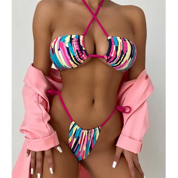 

women's swimwear gnim color stripe women thong bikini mujer 2021 summer bandage backless swimsuit female 2 pieces swim bathing suit, White;black