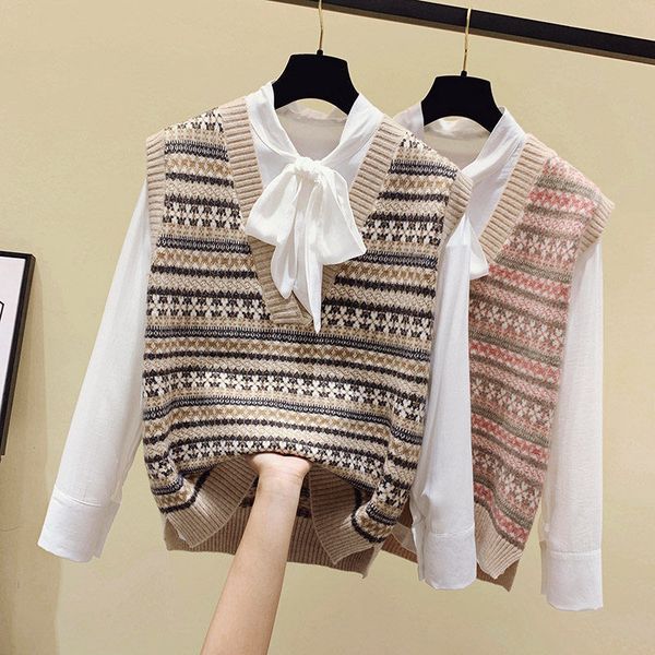 

women's sweaters ladies vest spring and autumn knitting v-neck retro sweater sleeveless waistcoat loose casual cotton tqgs, White;black