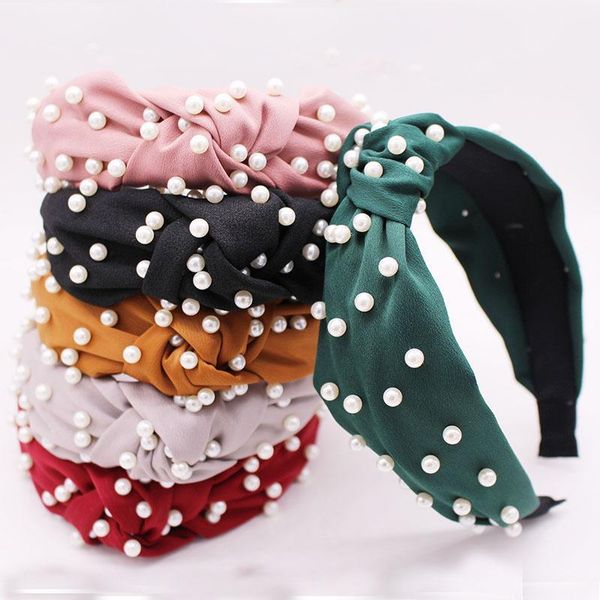 

summer spring bohemian solid color satin center knot wide hairband with pearl beads knotted hair accessories1