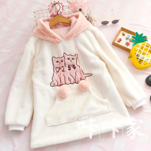 

women's hoodies & sweatshirts autumn winter hooded sweatshirt japanese soft sister teenage girl cute cat patch ears plush lamb fleece h, Black