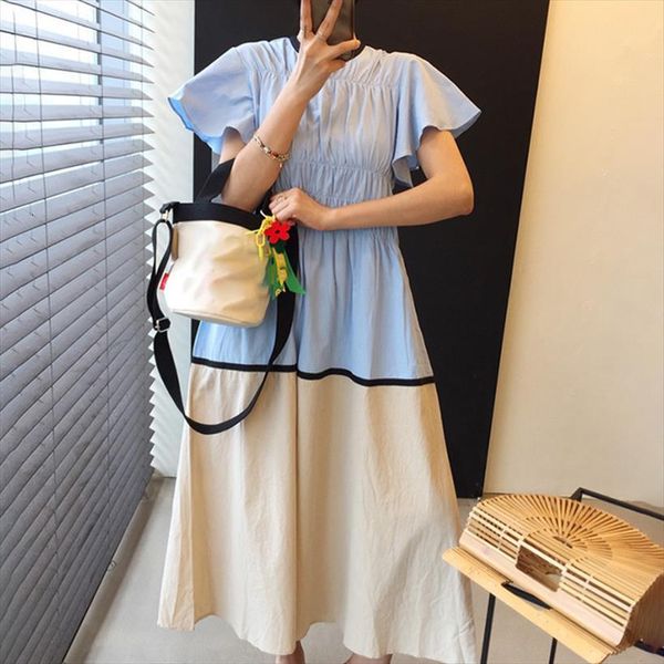 

[ewq] summer korean chic womens dress robe loose trendy clothing elegant gentle o neck color matching design, Black;gray