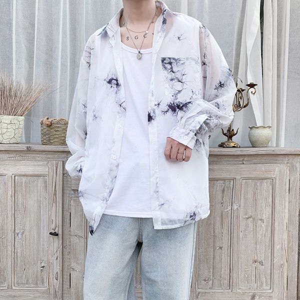 

men's casual shirts korean-style man's shirt, ink print lapel, sleeveless white-sun-proof blue hip hop shirts, casual men's c, White;black